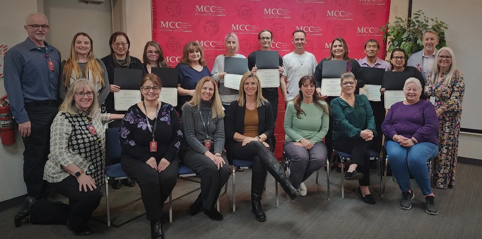 Adult Education Graduates and College employees celebrate the achievements of the most recent class of Adult Education students. In Photo: Row one (l-r) Dr. Lucinda Leugers, Mariam Yesayan, Mitzi Esgro, Jenna Felish, Patricia Commisso, Laci Ortiz, Barbara Zarzycki. Row 2 (l-r): Dr. Tim Culver, Ashley Sowards, Ashley-Zhang Ying, Trinity Brown, Annette Fountain, Denisse Cercado, James Pearson, Brian Lewis, Juliana Hessom, Edgar Pantoja Salas, Monica Garibaldi Valdez, Dr. Stacy Klippenstein, Susan Eaton
