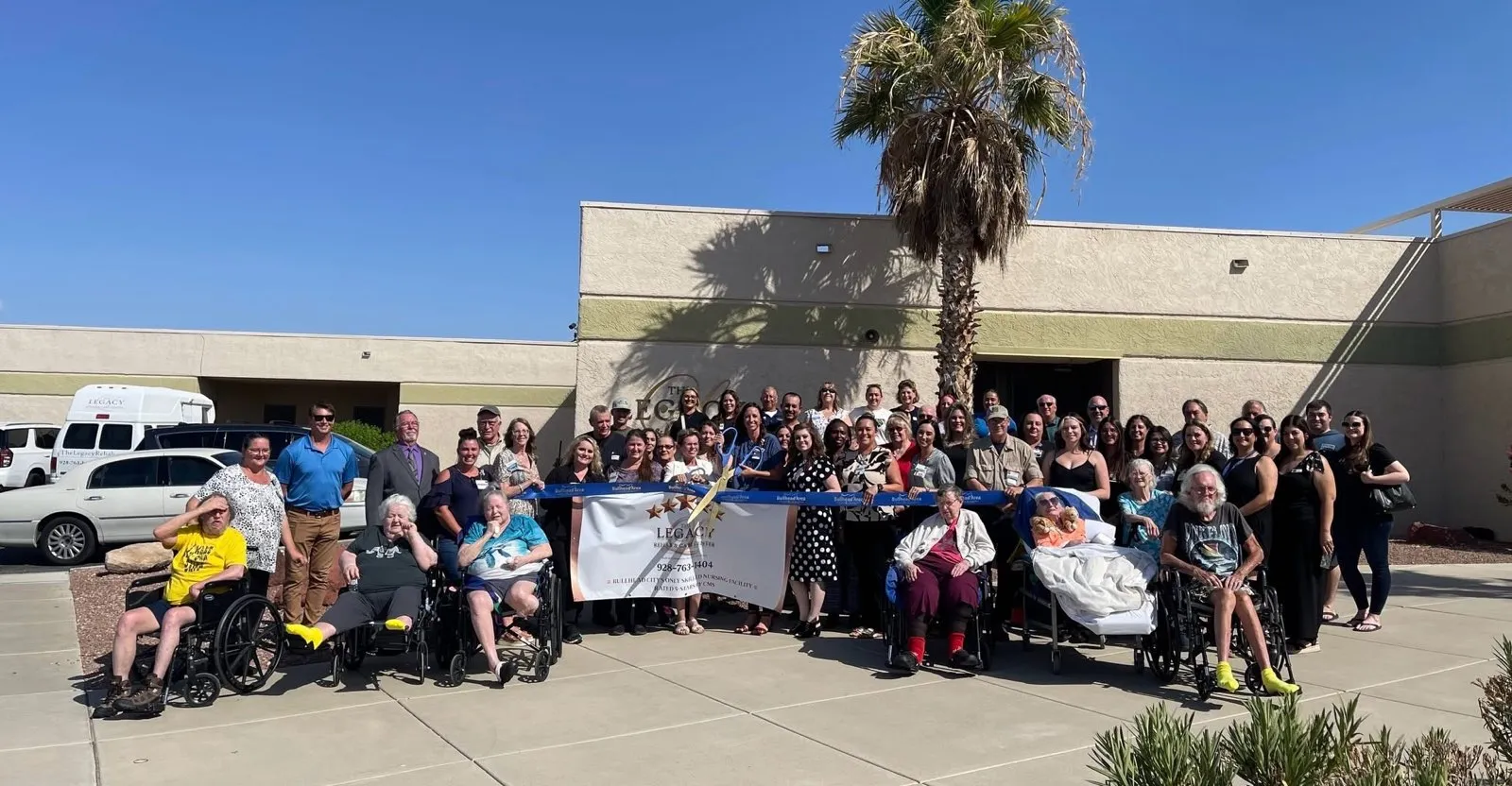 The Legacy Rehab & Care Center ribbon cutting ceremony on July 1, 2025, with staff, residents, local dignitaries and Senator Hildy Angius celebrating the opening of the new 20-bed secured memory care unit in Bullhead City, Arizona